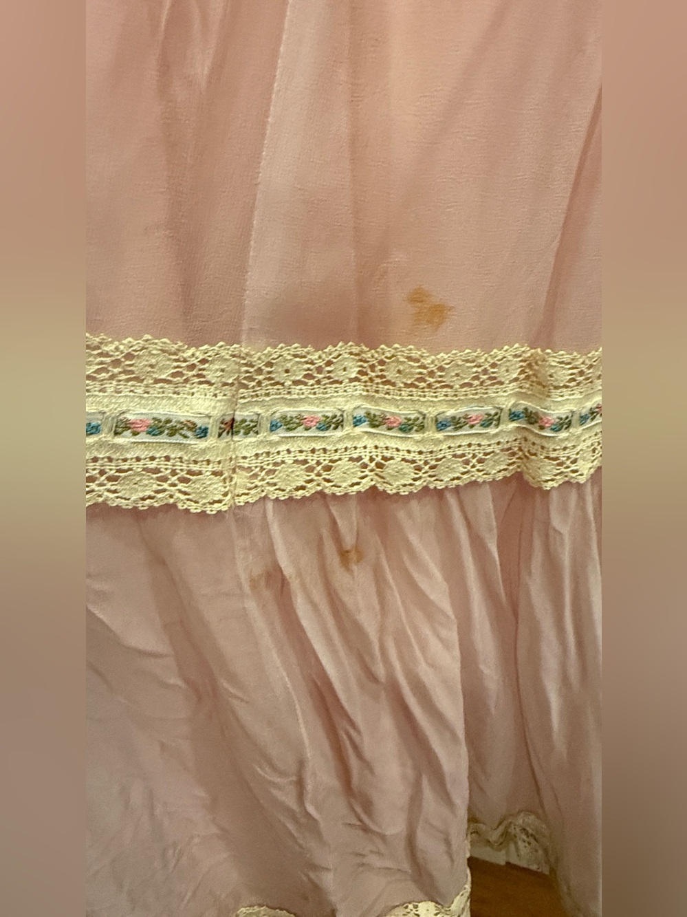 Vintage 1970s Pink Chiffon Prairie Maxi Dress Gown Ribbons Lace Trim XS S Boho - Picture 9 of 17